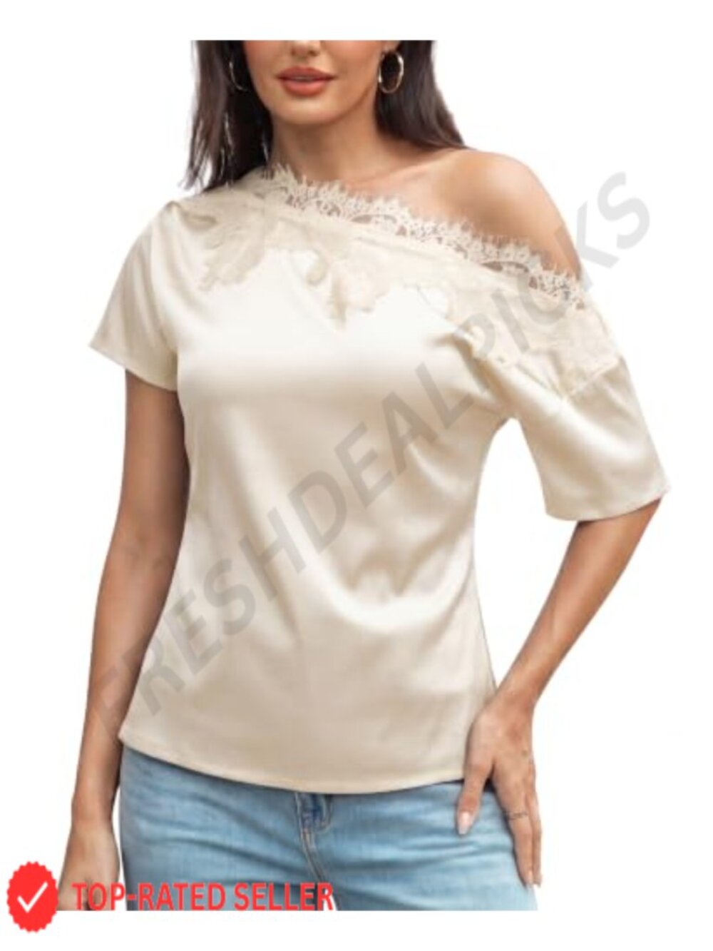 Satin Off Shoulder Top with Lace Asymmetrical Women's Blouse